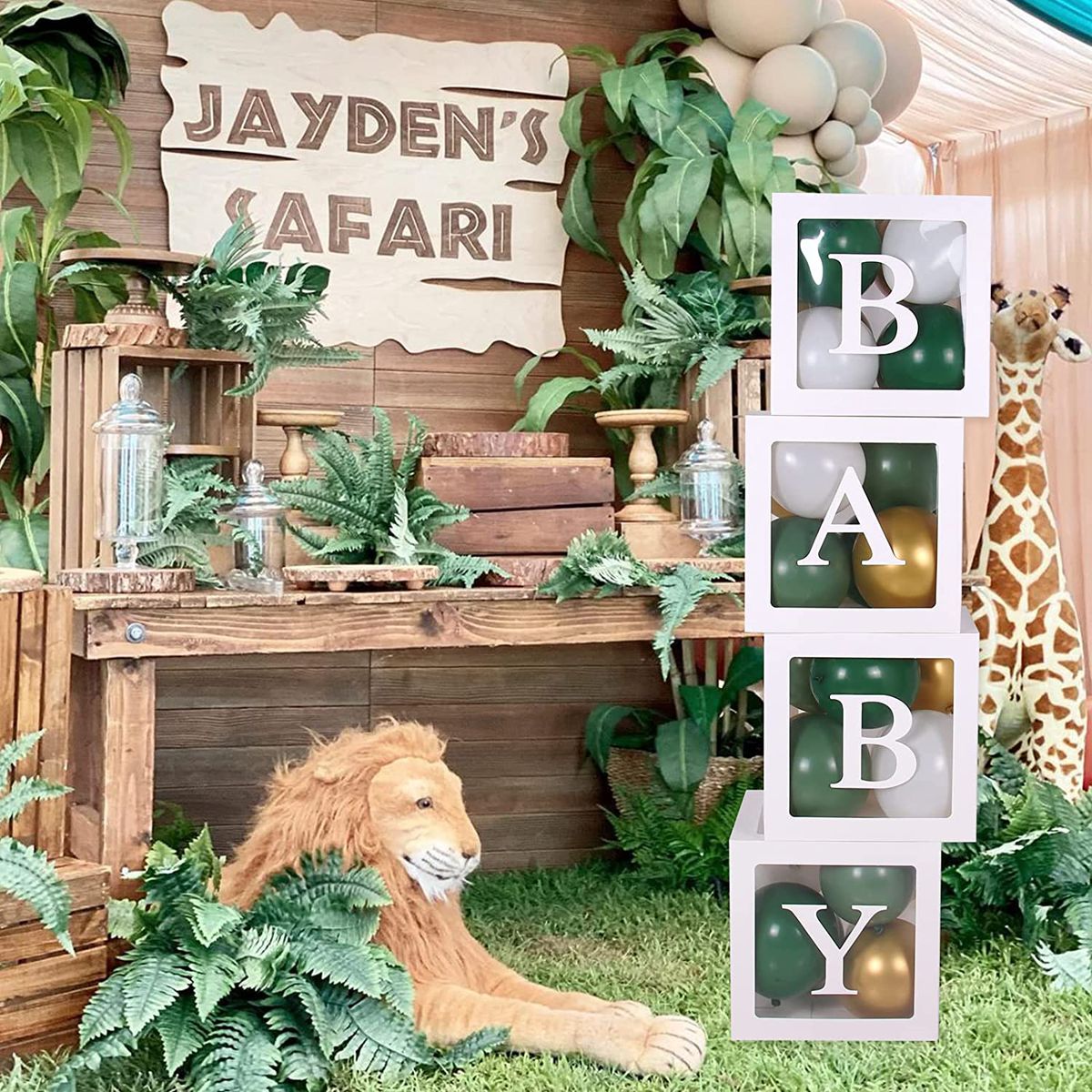sage green and gold baby box with jungle safari background lion and giraffe