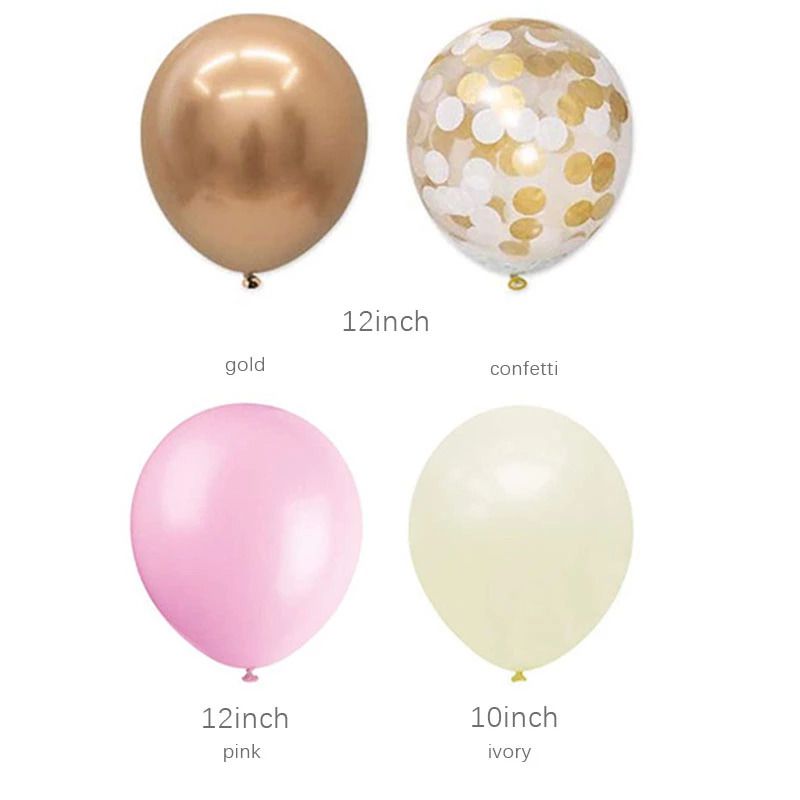 types of balloons pink gold ivory and gold confetti