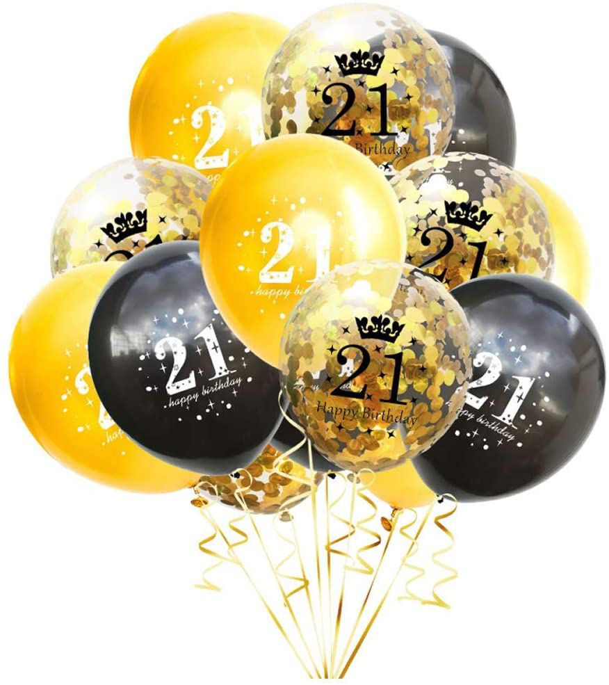 21st birthday black and gold latex and confetti balloons