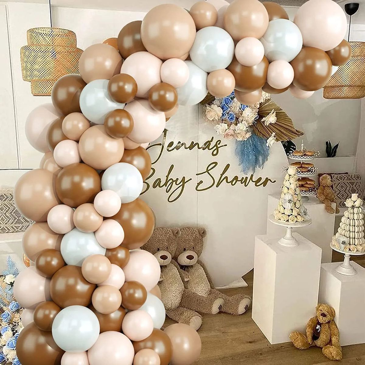 beige brown and white balloon arch baby shower display with teddy bears
