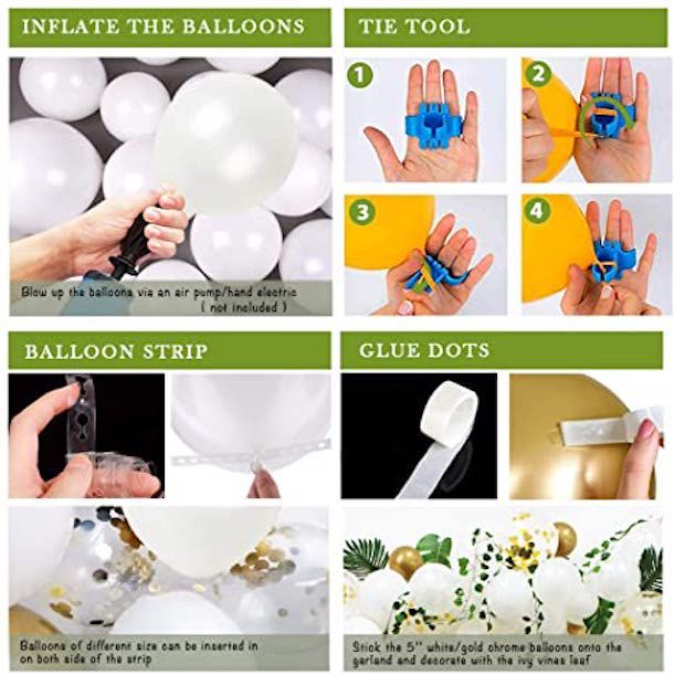 steps on how to inflate and use tying tools and glue dots to attach balloon arch kit