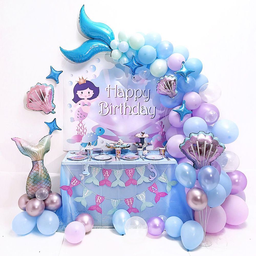 happy birthday mermaid pastel balloon arch with table decor mermaid setup