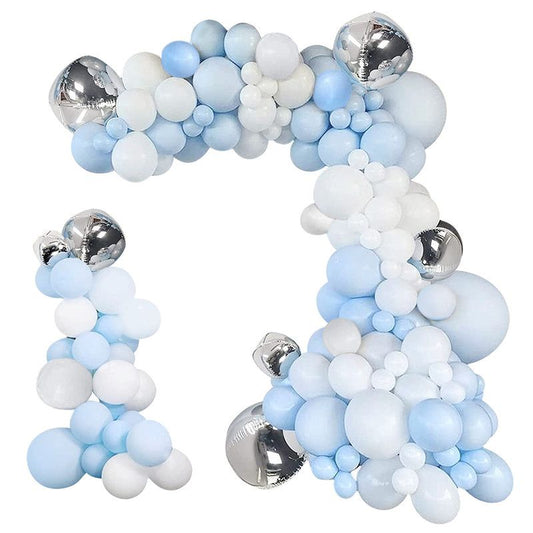 pastel blue white and silver balloon arch kit display