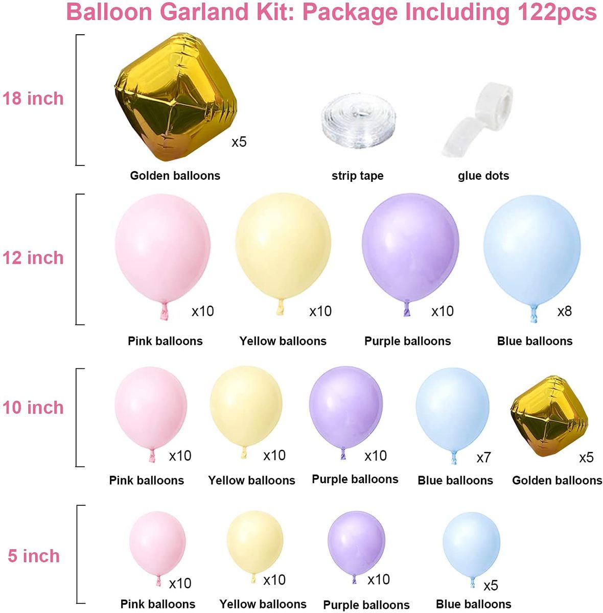 content pieces pastel macaron pink yellow purple and blue balloons with golden foil balloons