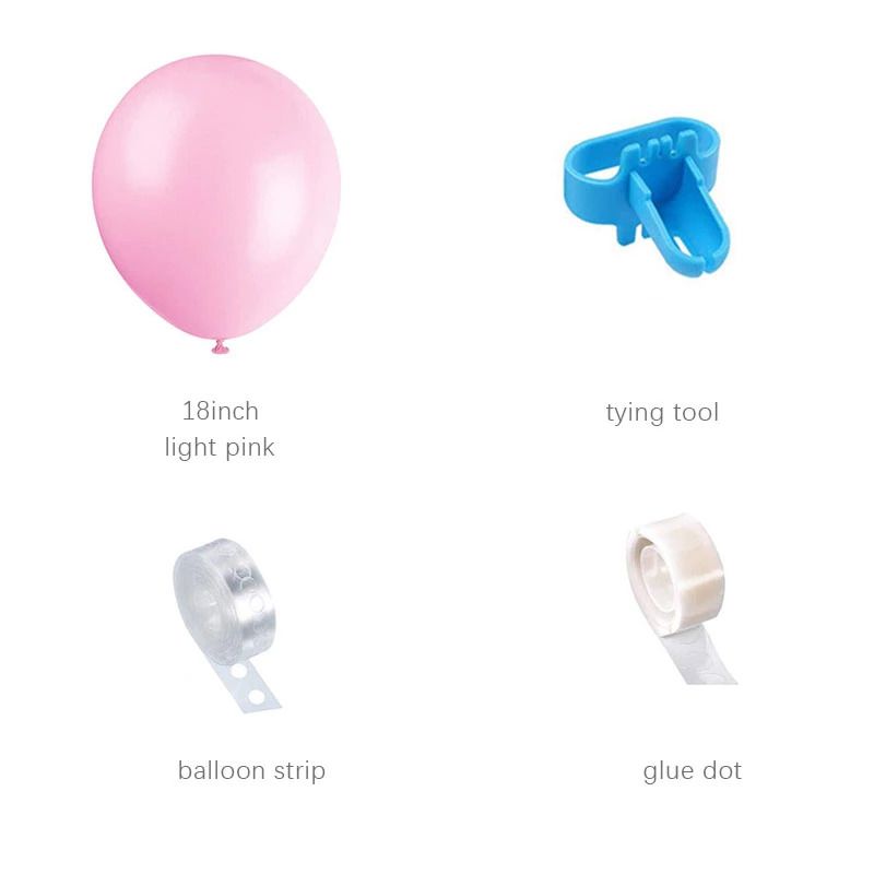 contents of pink and gold balloon arch balloon strip tying tool glue dots and pink balloon