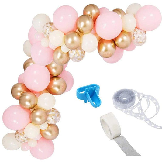 pink and gold confetti balloon arch kit with balloon tape and glue dots with balloon tie