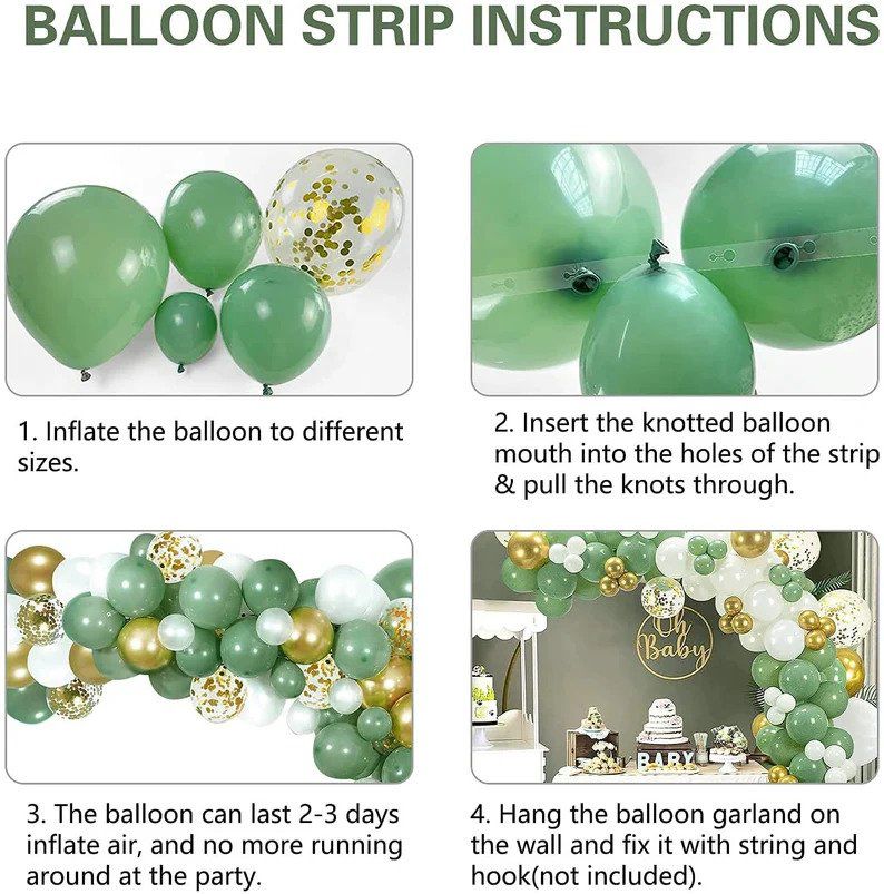 step by step how to put balloon strip together green and gold confetti