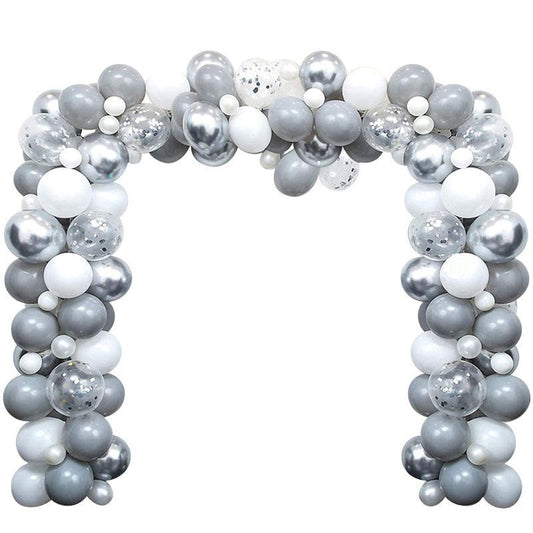 silver balloon arch kit display on white background