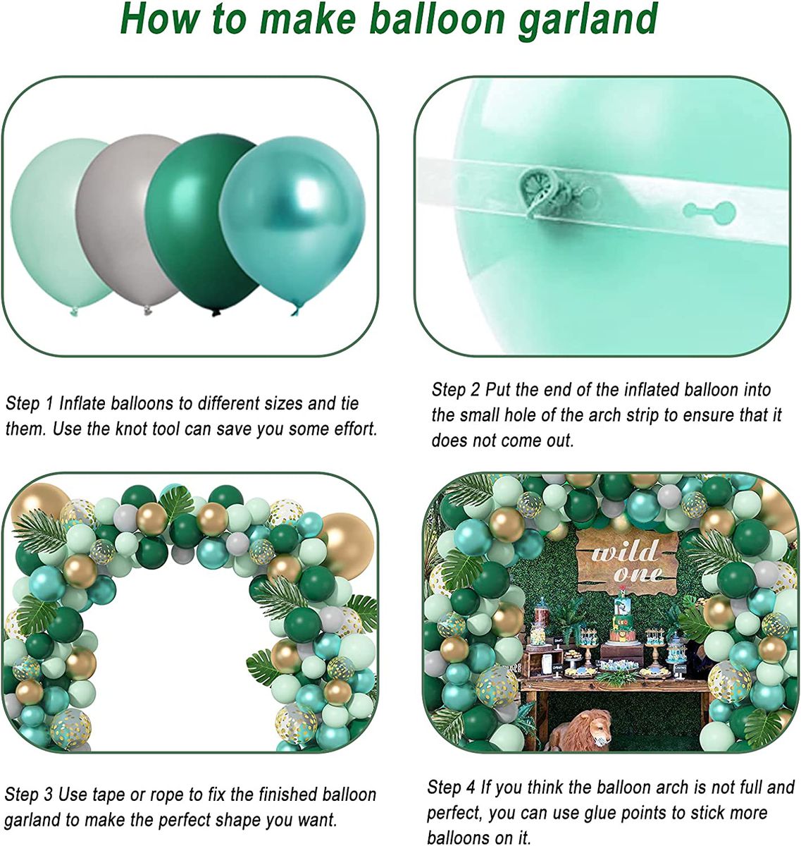 step by step how to make balloon garland jungle safari green and gold