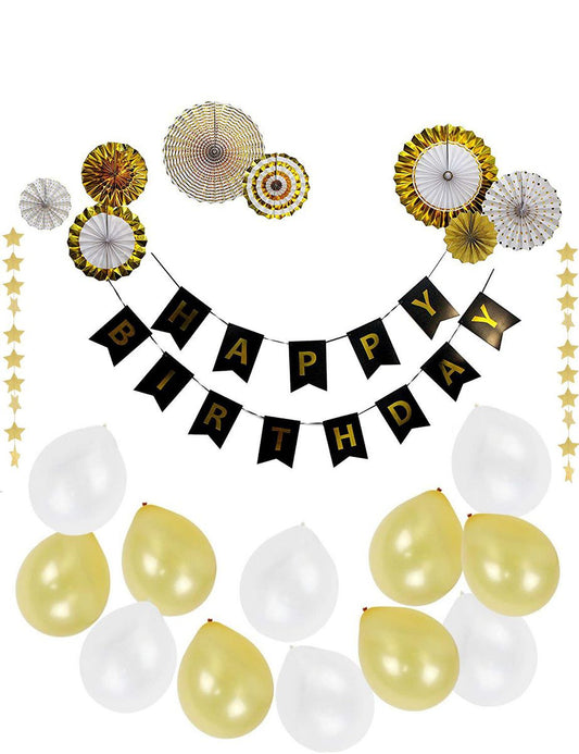 black and gold happy birthday bunting with paper fans and latex balloons with gold hanging stars