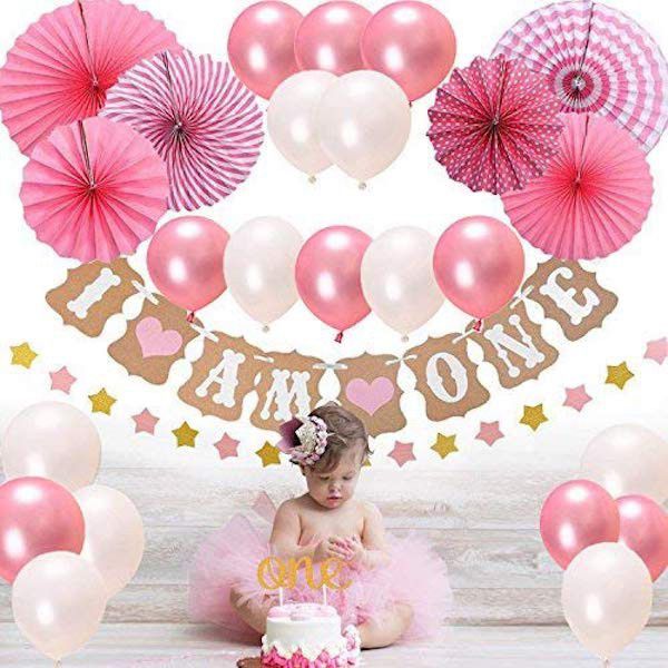 one year baby with i am one bunting with pink and white balloons