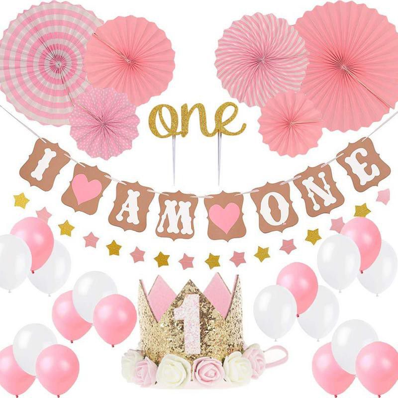 first birthday pink and white balloons and crown gold with paper fans