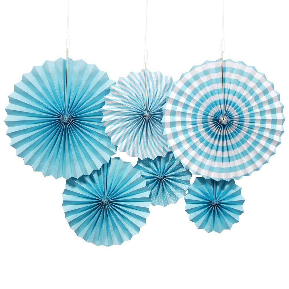 blue and white pattern paper fans big and small