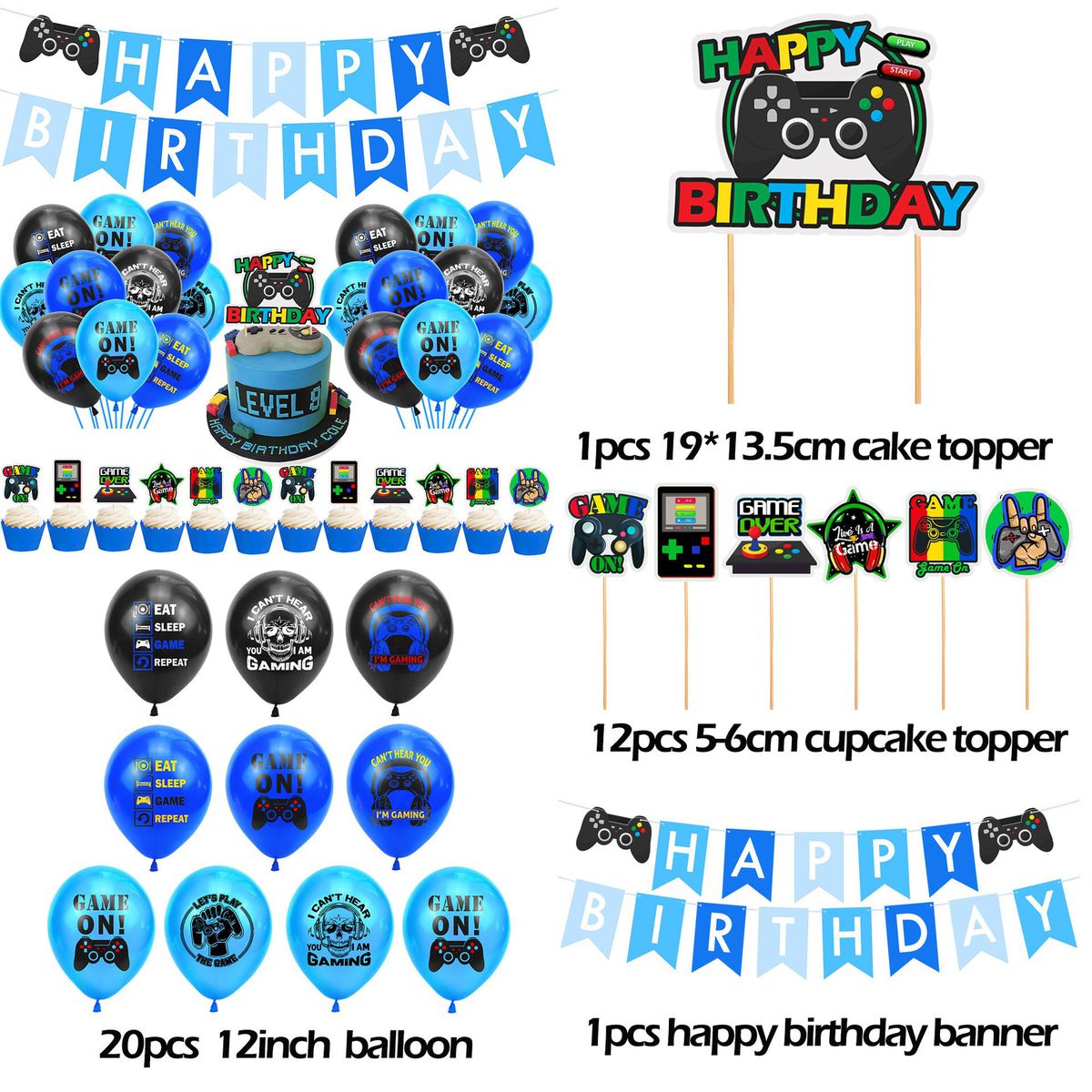contents of blue game on party kit with happy birthday bunting balloons and cake toppers