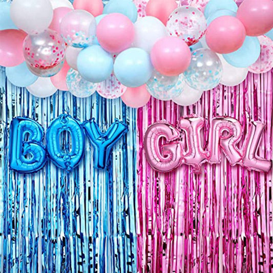 gender reveal boy and girl balloons and foil curtains and balloons