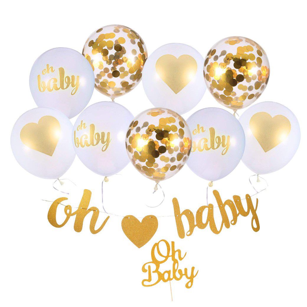 oh baby gold banner with white latex balloons and confetti gold balloons