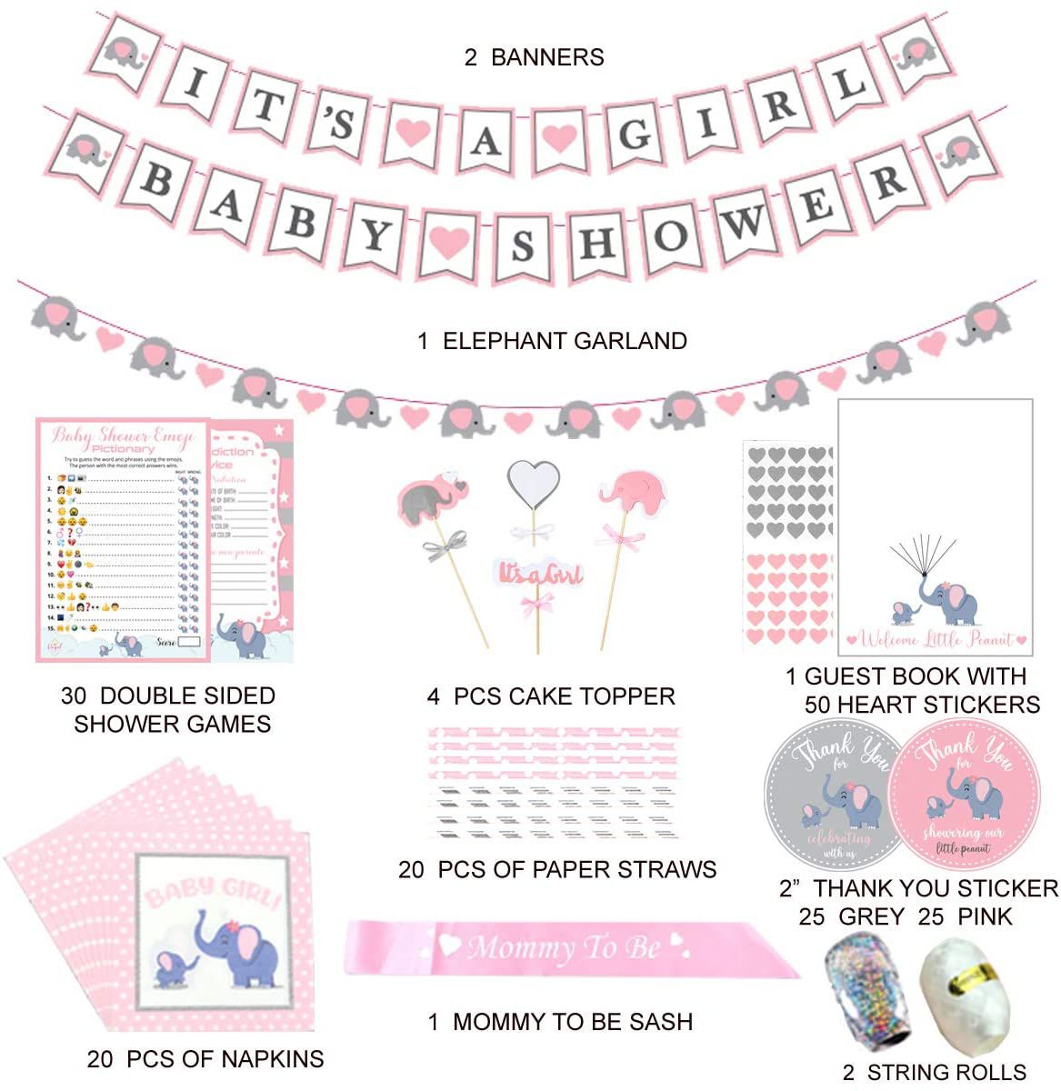 pink and grey elephant contents baby shower bunting cake toppers stickers and sash