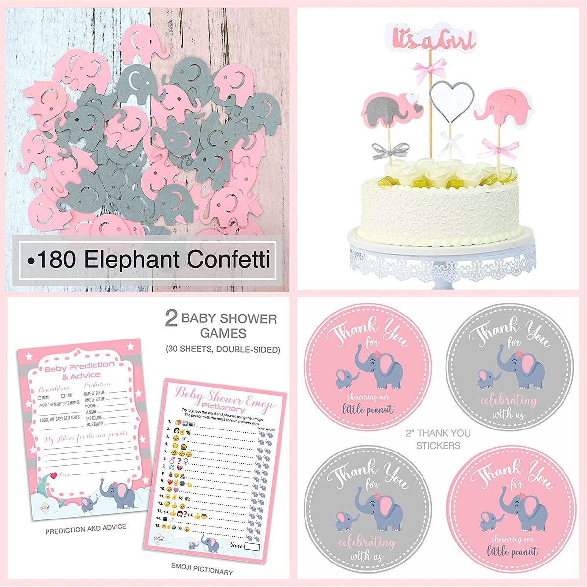 more contents of grey and pink elephant confetti and stickers