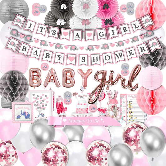 pink & grey elephant party kit confetti balloons baby shower bunting and foil balloons