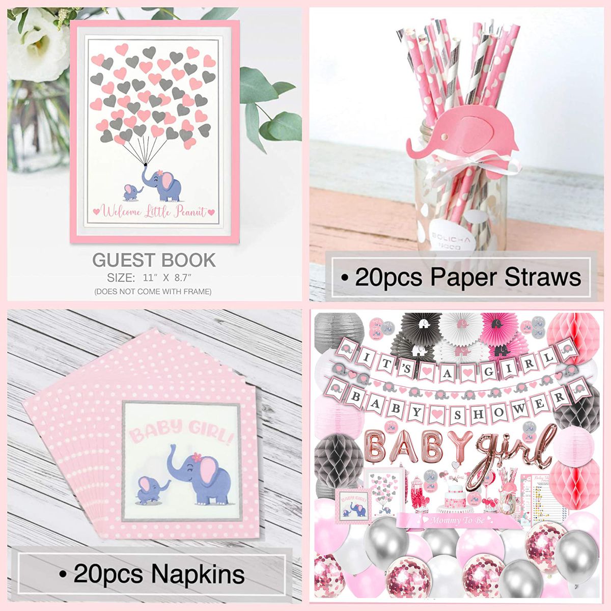 contents of pink and grey elephant with straws napkins guest book and full display
