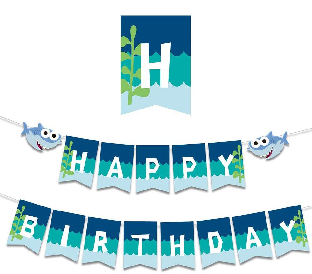 shark happy birthday bunting blue and green
