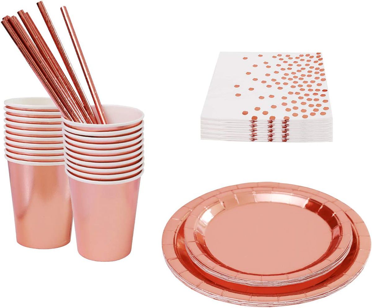 rose gold paper plates cups and straws with white and rose gold dots on napkins birthday supplies