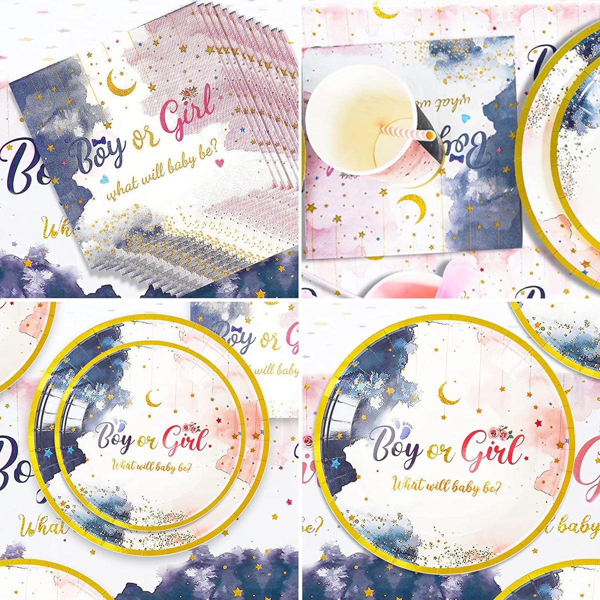 gender reveal boy or girl paper plates and serviettes with paper cups and straws