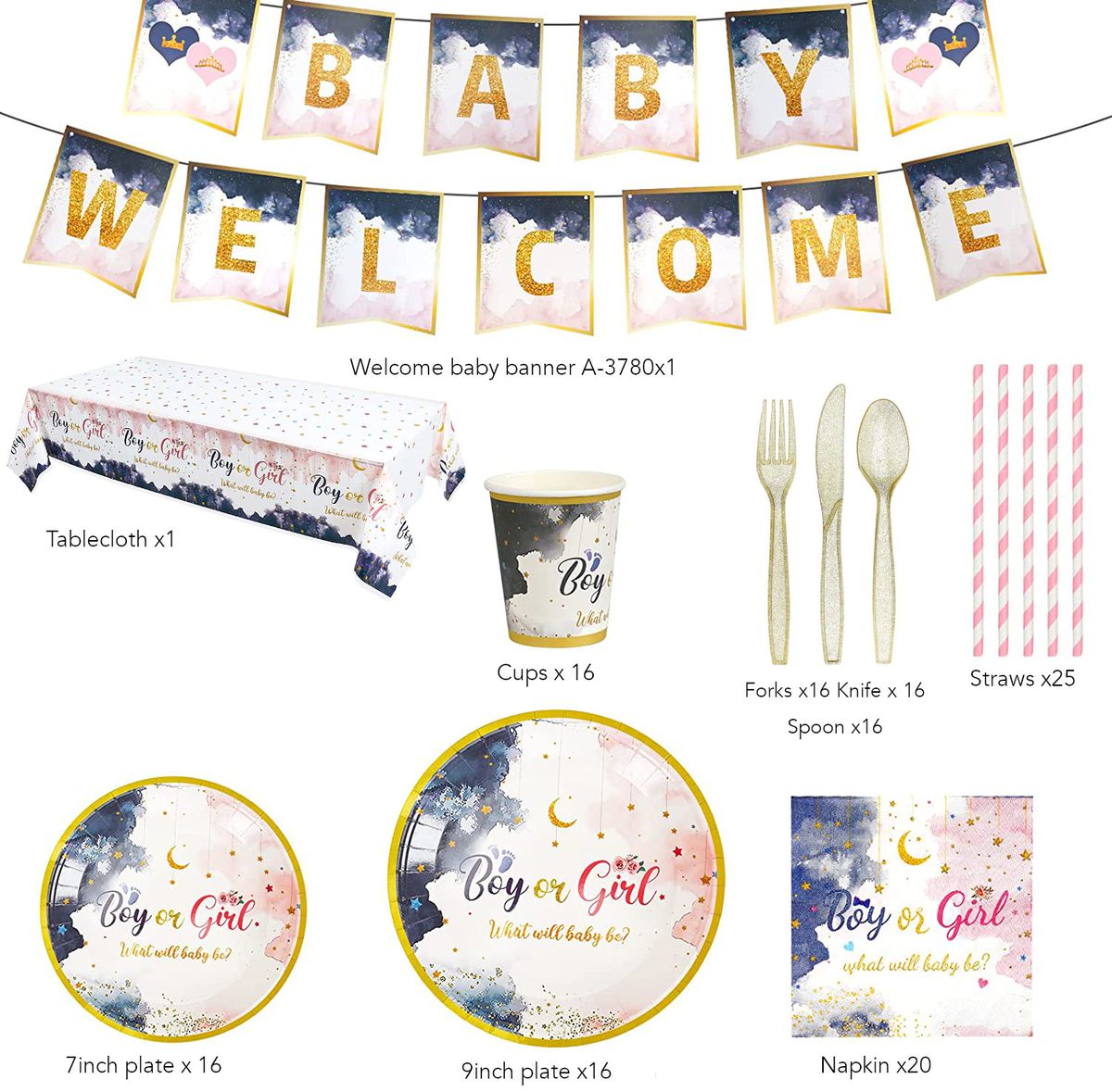 content of boy or girl gender reveal baby welcome bunting with paper plates serviettes cups and table cloth