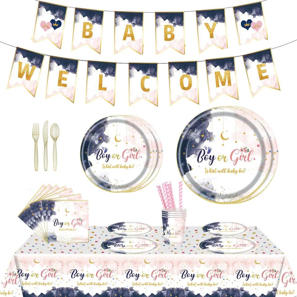 boy or girl gender reveal table and party decoration