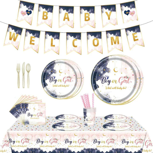 boy or girl gender reveal table and party decoration