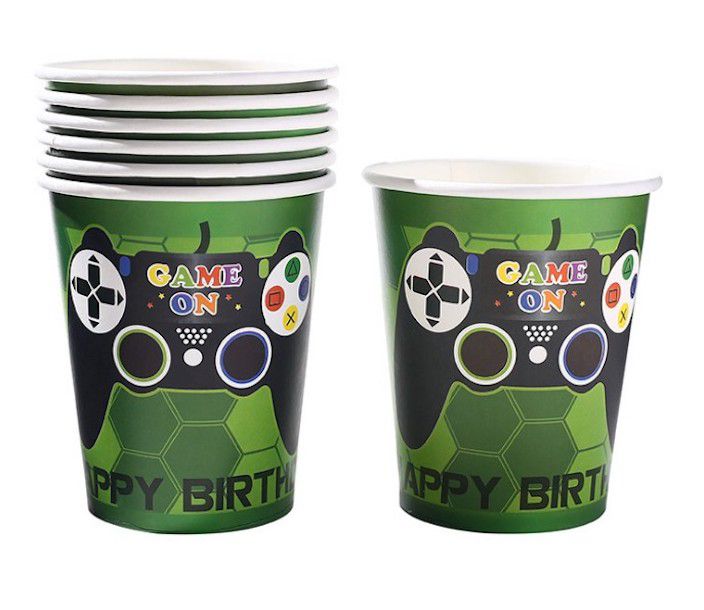 green gamer game on paper cups with happy birthday and controller