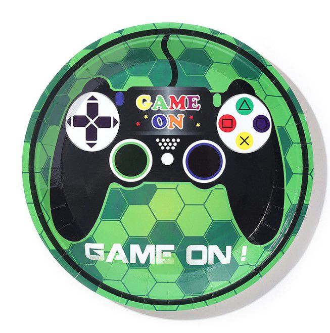 green gamer game on cake plate with controller black