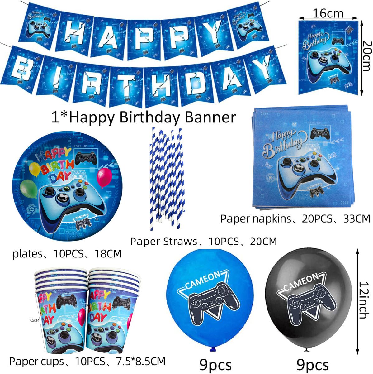 contents of blue gamer table décor happy birthday bunting serviettes cups and balloons