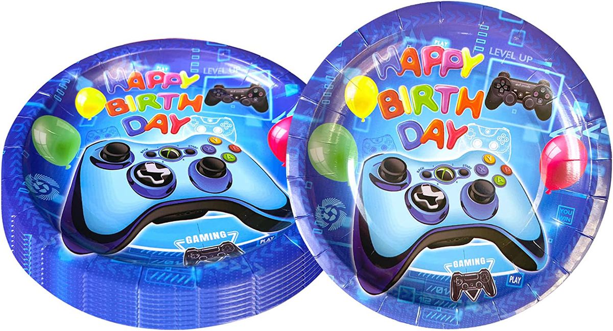 blue controller happy birthday paper blue plates