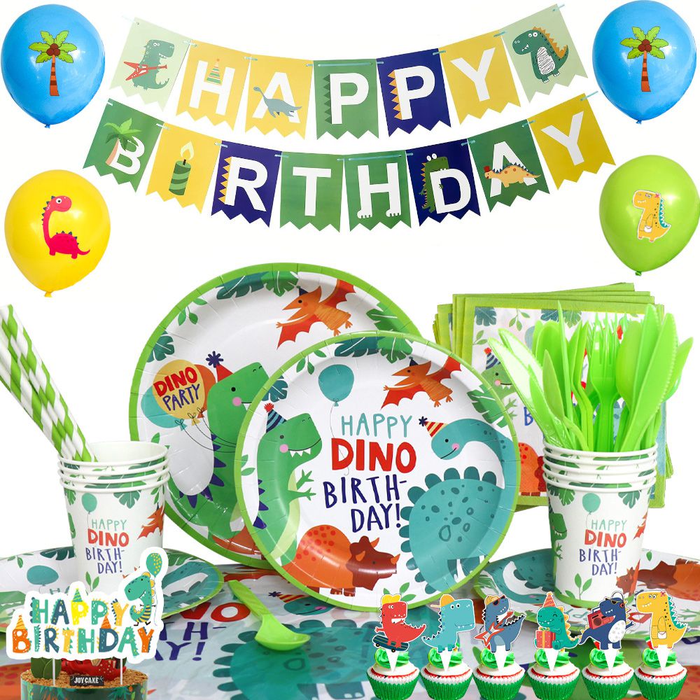 Dinosaur Cups and plates with straws and Balloons and Happy Birthday Bunting