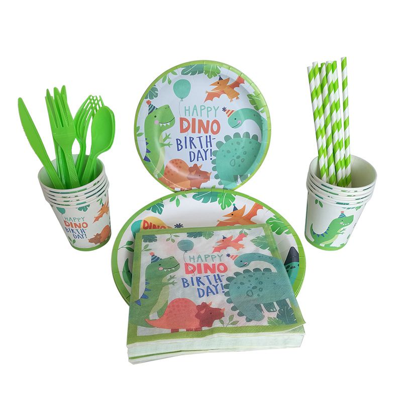 dinosaur plates cups and straws with serviettes
