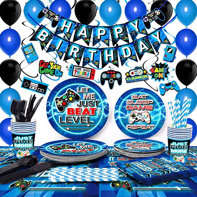 level up gamer happy birthday display with all contents party supplies