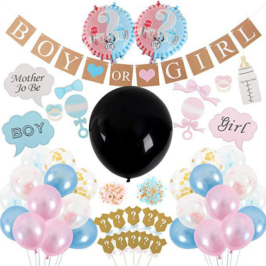gender reveal boy or girl balloons pink blue and black with banner