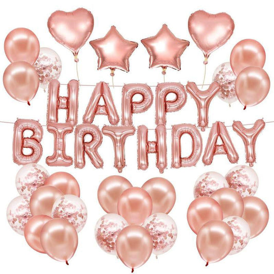 happy birthday rose gold foil balloon with confetti and latex balloons