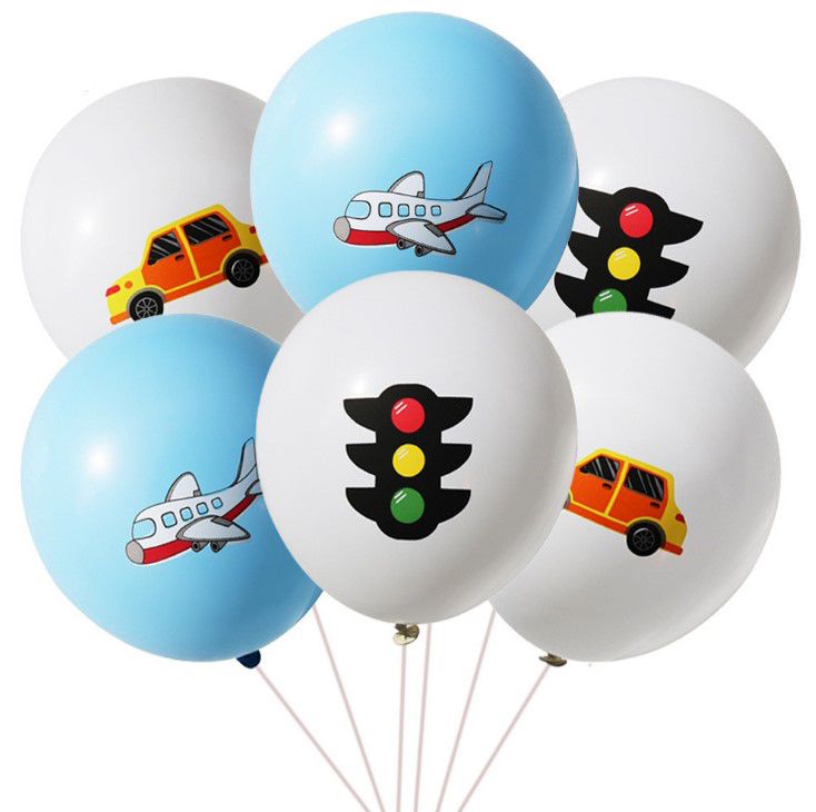 transportation plane blue balloon with white robot and taxi balloon