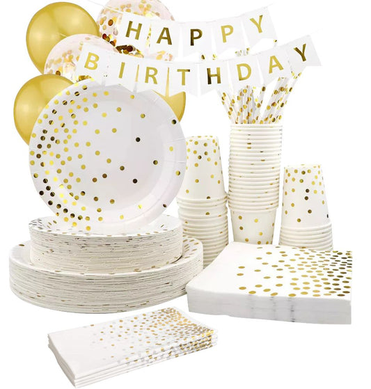 Happy birthday white and gold with balloons happy birthday banner and table decorations
