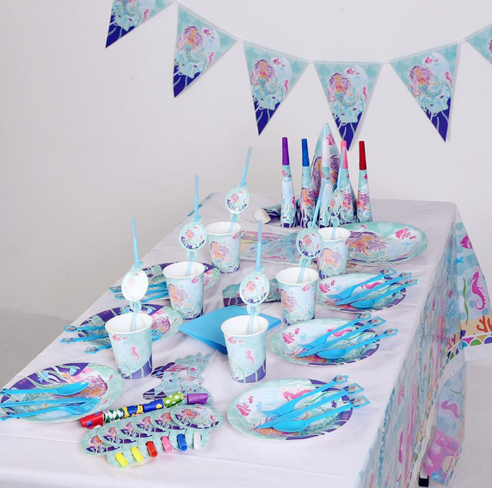 lifestyle image of mermaid birthday party decor and supplies