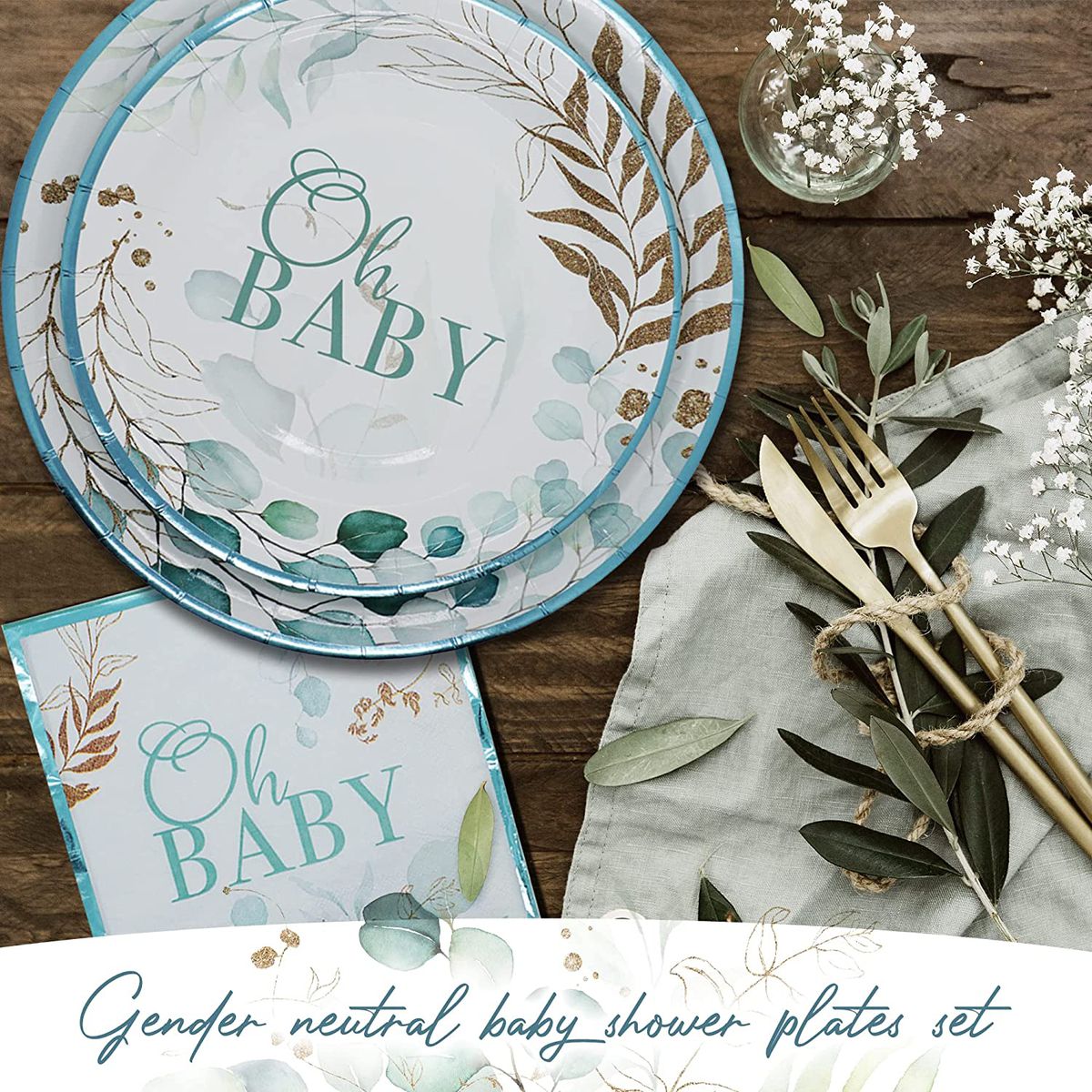 oh baby blue and white paper plates with cutlery