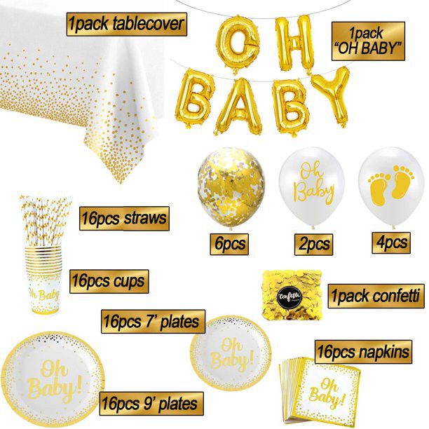 gender reveal content white and gold paper plates straws cups and tablecloth with confetti balloons