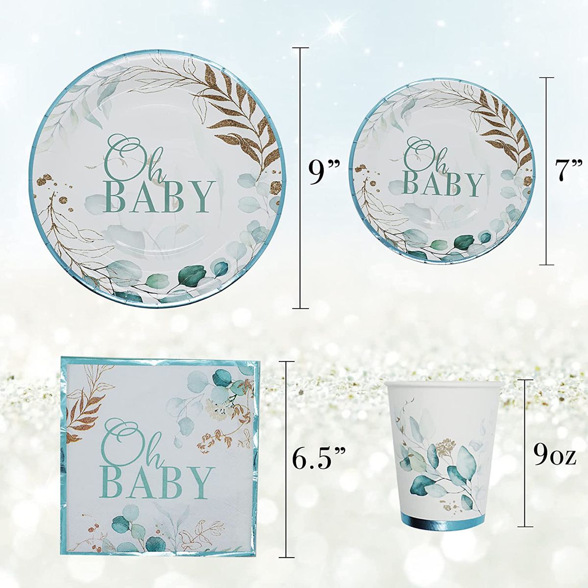 contents of oh baby blue gender reveal plates napkins and cups and its measurements
