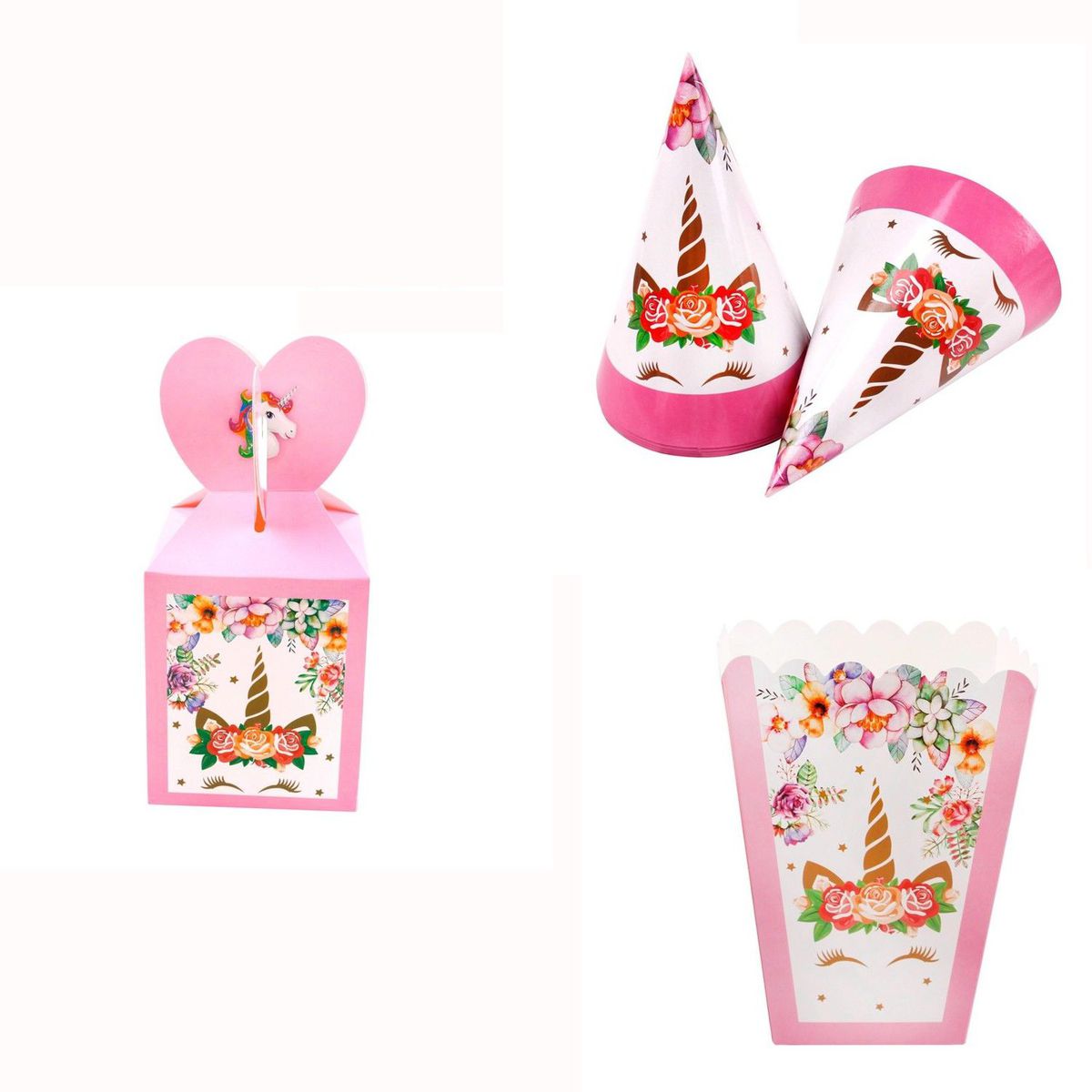 unicorn party hat and party box pink and white