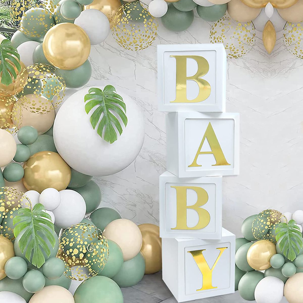baby letter box on display with sage balloon arch kit in background