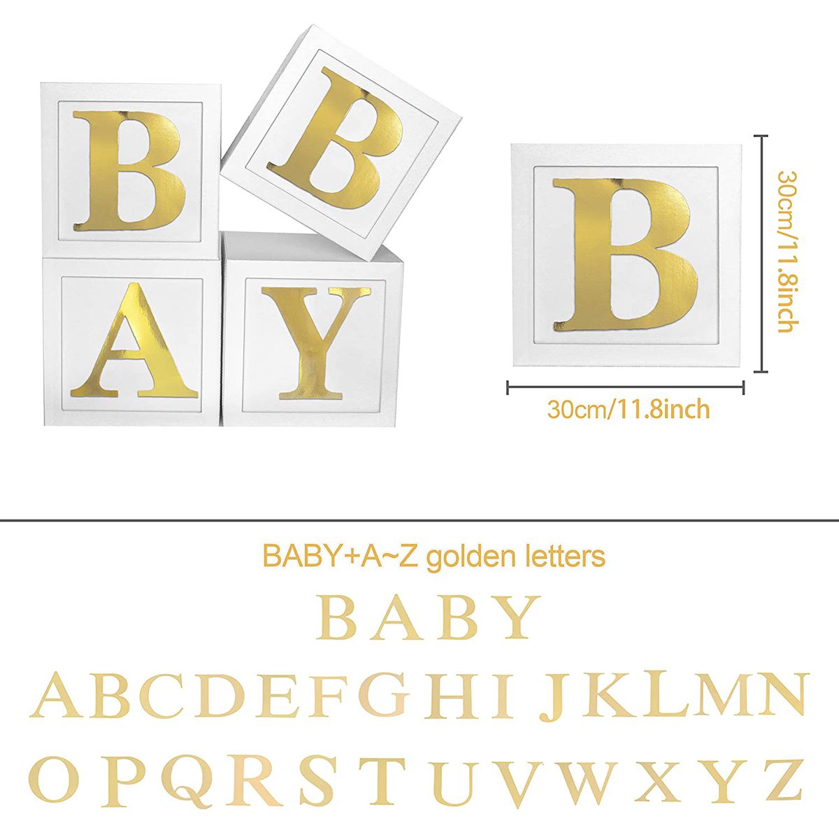 contents baby box white and gold letters A to Z