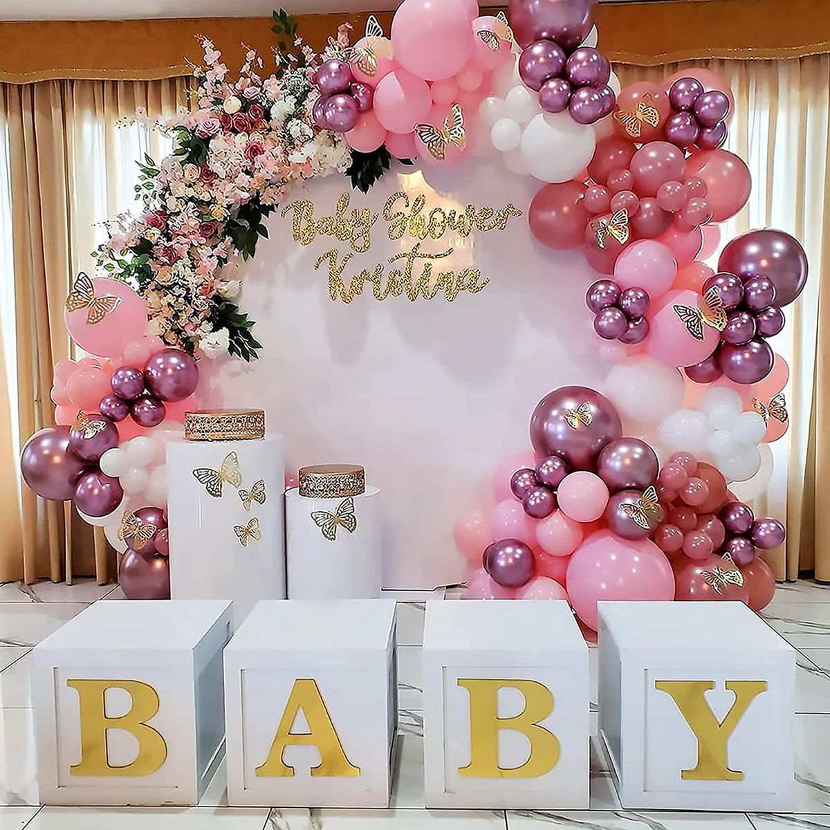 baby box gold and white with background display balloon arch kit for baby shower