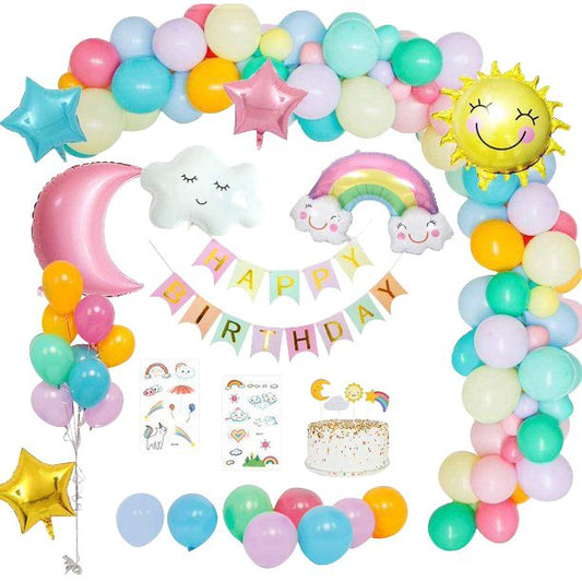 rainbow cloud happy birthday balloon arch on white background